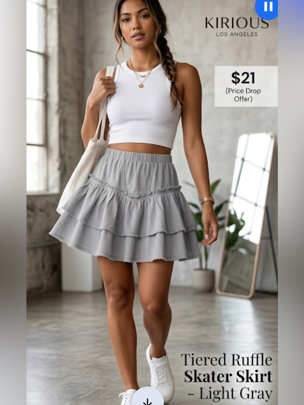 Tiered Ruffle Skater Skirt in Light Gray